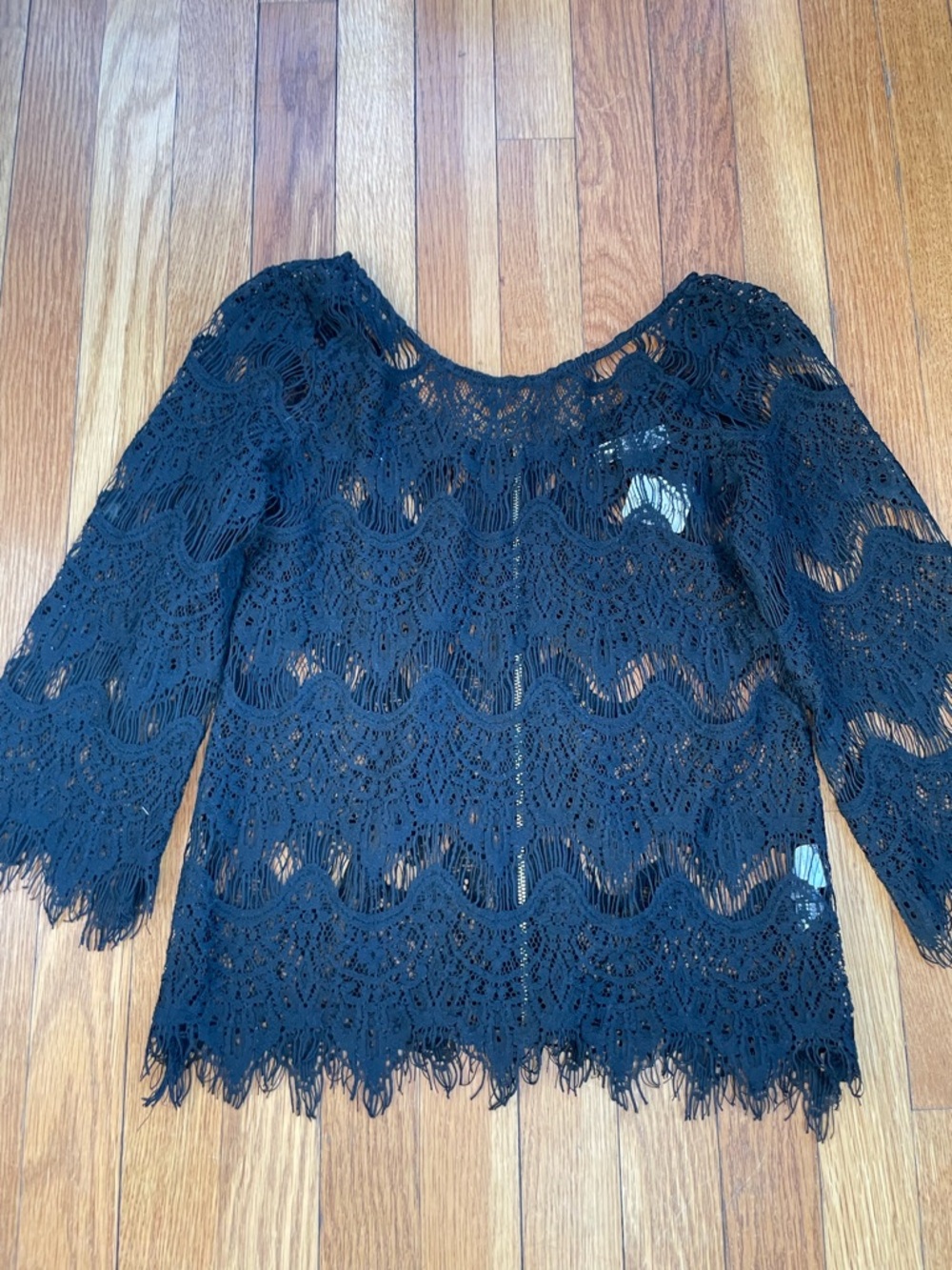 Ezra Apricot Lane Black Crochet Lace Top Boho 3/4 Sleeve NWT Small
